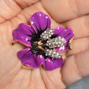 Hibiscus Brooch Purple Enamel Rhinestone Center Floral Pin 2"